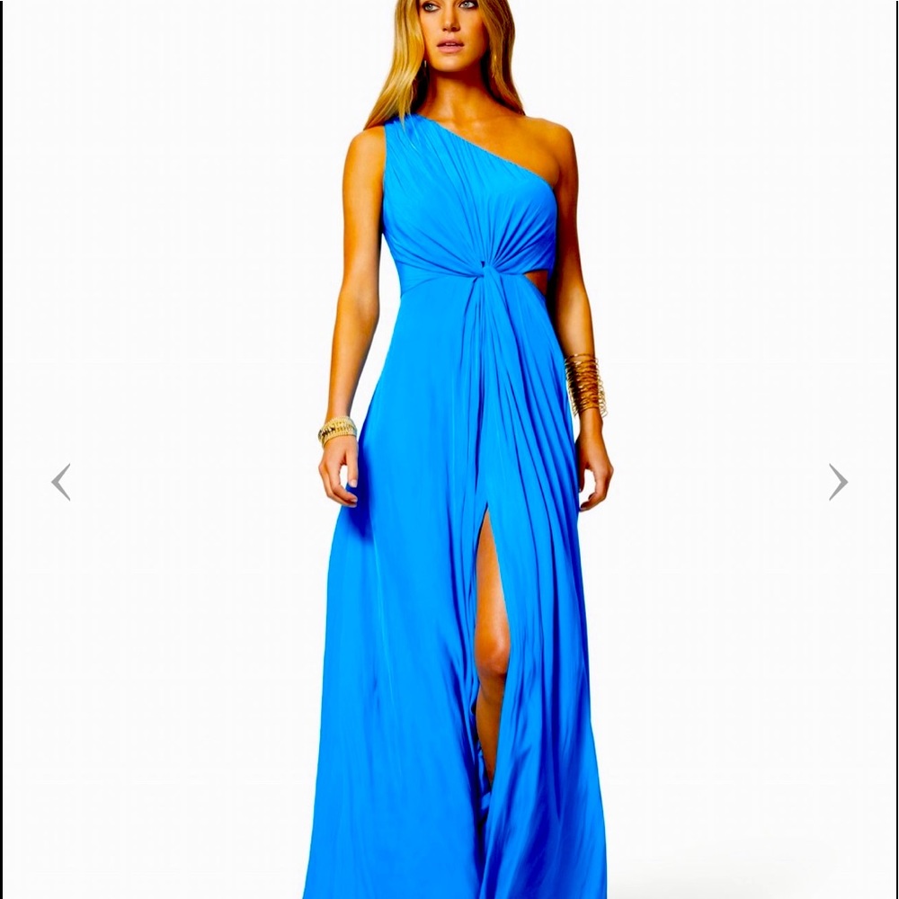 Ramy Brook blue one shoulder prom gown dress 2